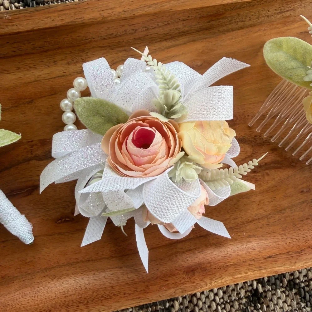 Corsage Boutonnière Hair Comb Pink Peach White Set Prom Floral Set Prom Keepsake